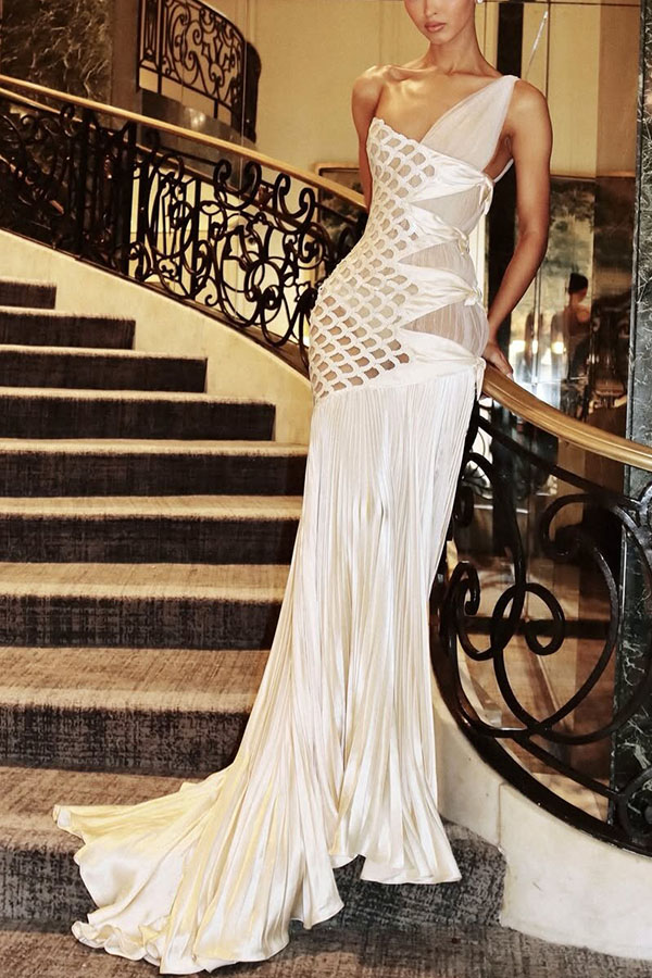 Little Mermaid Tulle Cutout Fish Scales Side Bow Pleated Satin Hem Gown Maxi Dress