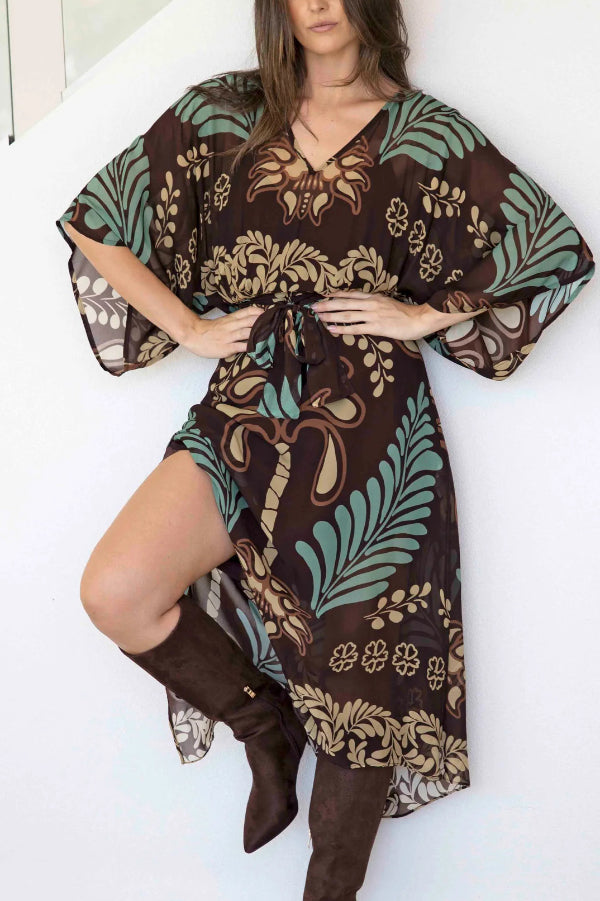 Bohemian Style Unique Printed Chiffon Loose-fitting Belted Maxi Dress