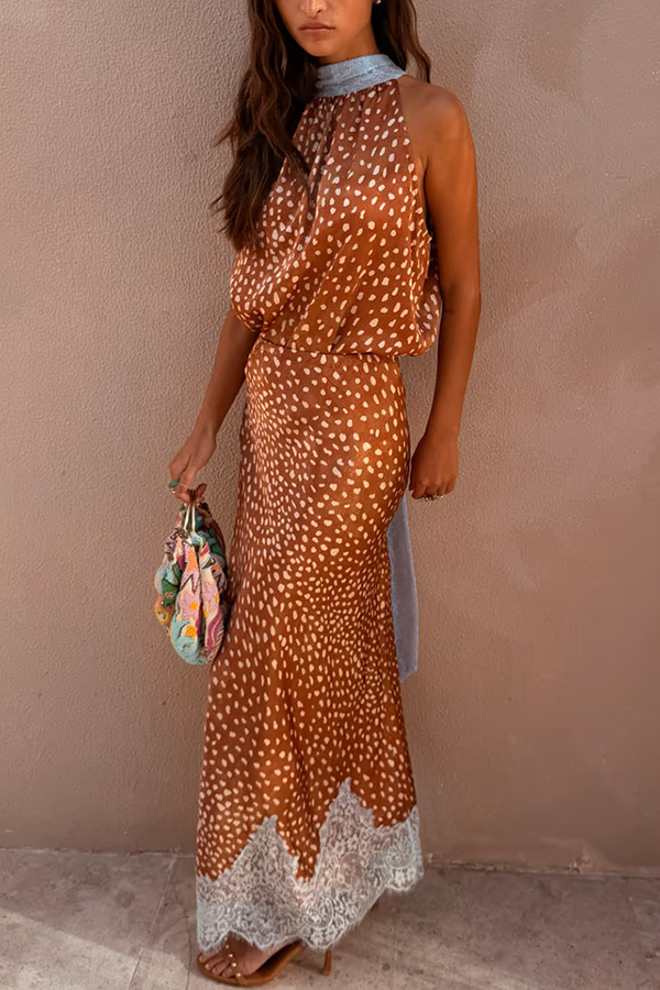 Stunning Fawn Print Contrast Color Satin Lace Trim Mid Rise Maxi Skirt-consonak