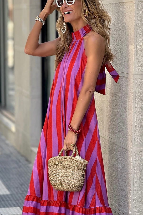 Roxane Linen Blend Striped Halter Neck A-line Maxi Dress-consonak