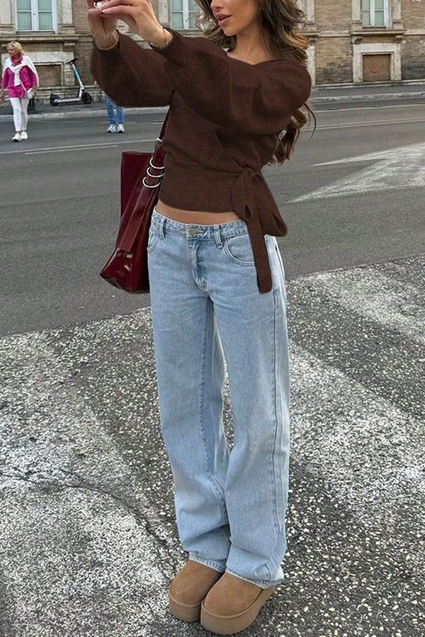 Solid Color Crossover V-neck Tie Elegant Long-sleeved Knit Top-consonak