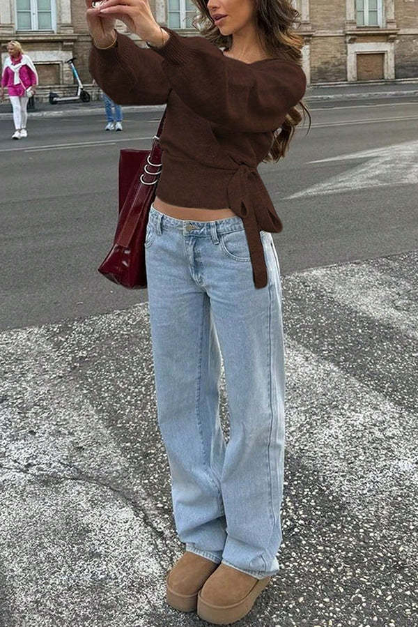 Solid Color Crossover V-neck Tie Elegant Long-sleeved Knit Top-consonak