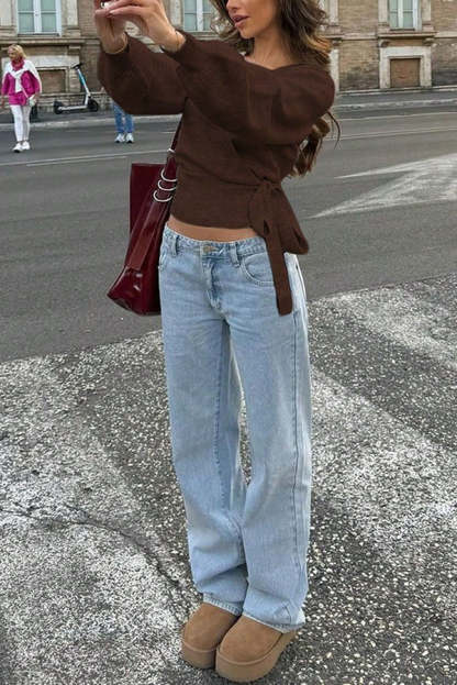 Solid Color Crossover V-neck Tie Elegant Long-sleeved Knit Top-consonak