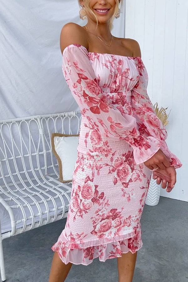 Shine Bright Floral Off Shoulder Smocked Waist Midi Dress-consonak