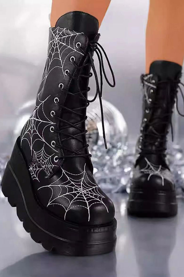 Platform Ankle Boots with A Spiderweb Pattern-Consonak