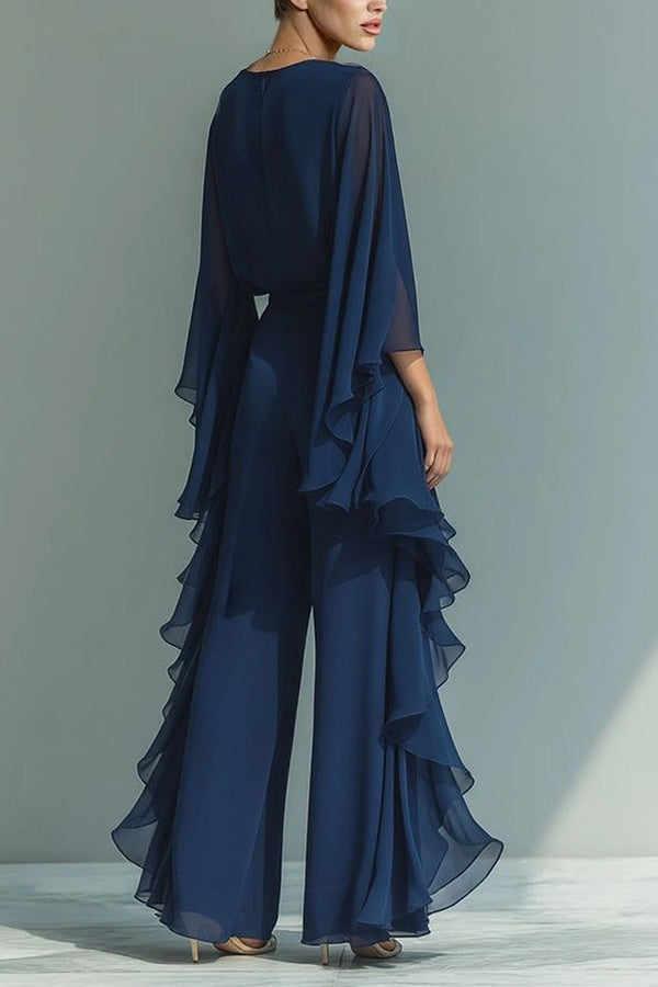 Chic Midnight Blue Ruffled Overlay Wide-Leg Pantsuit-Consonak