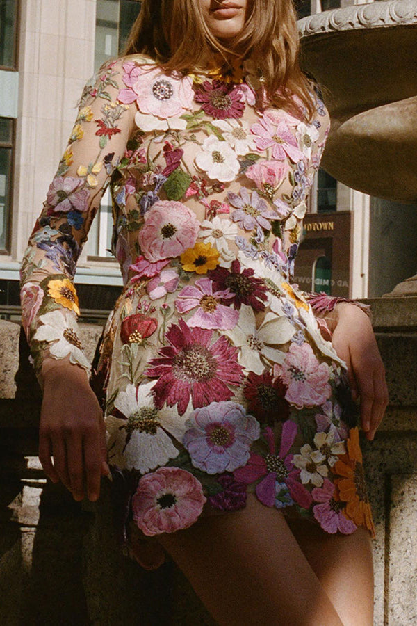 Elegantly Enchanted Floral Applique Backless Long Sleeve Mini Dress | Consonak