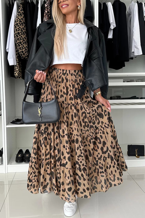 Unique and Comfortable Leopard Print Elastic Waist A-line Layered Maxi Skirt-consonak