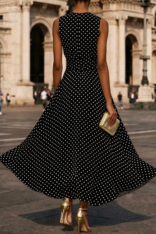 Polka Dot Print Round Neck Sleeveless Pleated Waist Casual Maxi Dress | Consonak