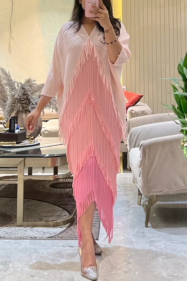 Fashionable Color-blocked Multi-layered Tassel Loose Midi Dress-consonak