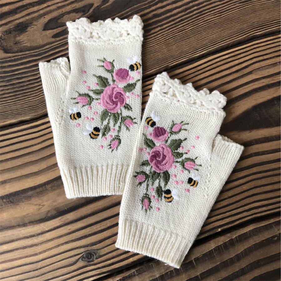 Hand Embroidered Gloves Women's Knitted Gloves Flower Gloves | Consonak