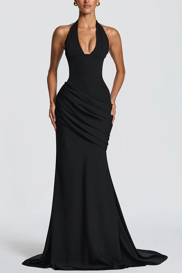 Nehemia Halter V-neck Back Lace-up Asymmetric Pleated Panel Drapes Maxi Dress | Consonak