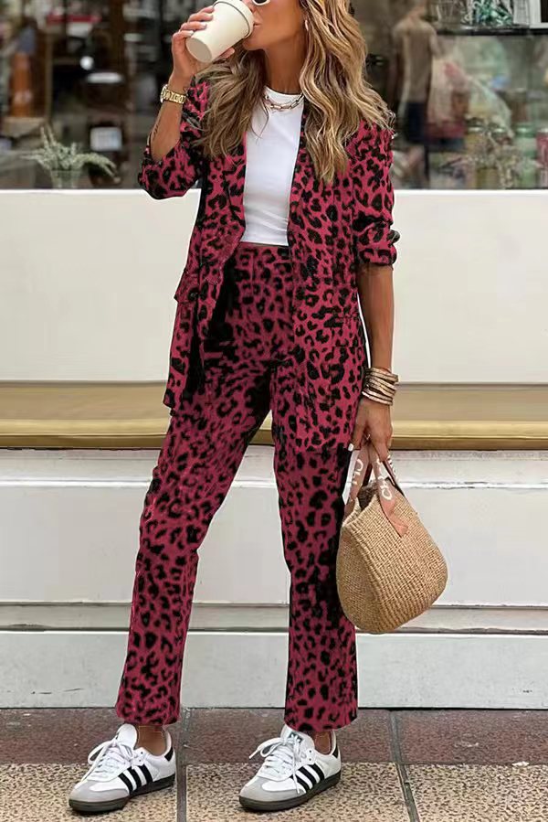 Wild Personality Leopard Pocket Relaxed Lapel Blazer and Elastic Waist Pants Set-consonak