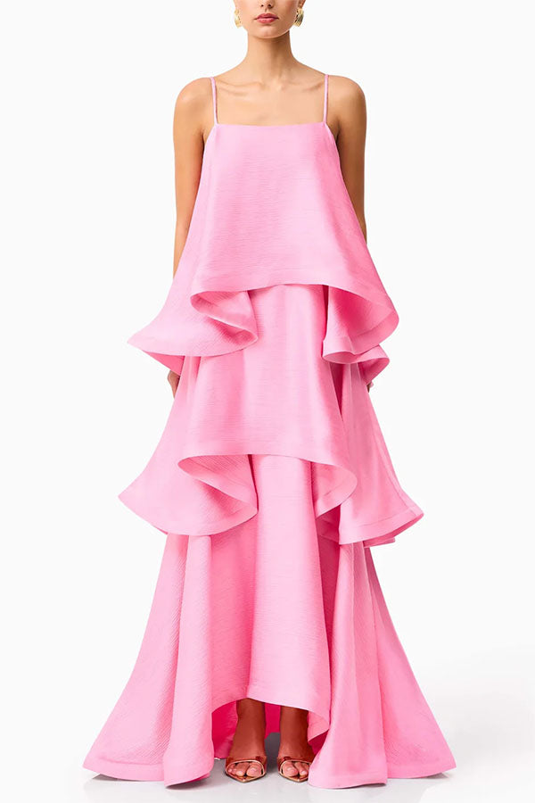 Soft and Smooth Satin Tiered Slip Square Neck A-line Maxi Dress | Consonak