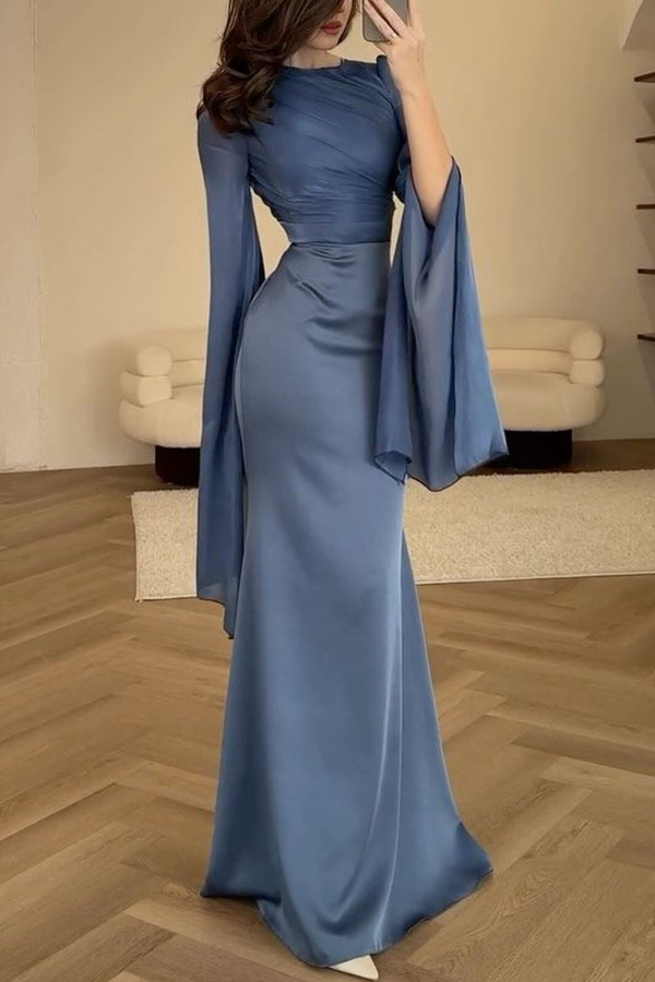 Liora Ruched Organza and Satin Patchwork Design Long Bell Slit Sleeve Maxi Dress-consonak