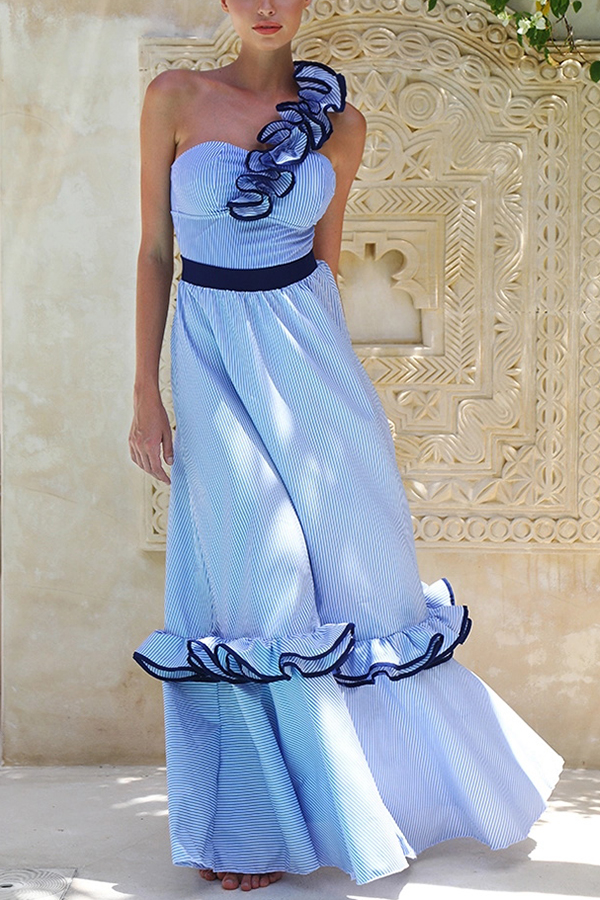 Striped Print Elegant Ruffle Trim Vacation Maxi Skirt-consonak