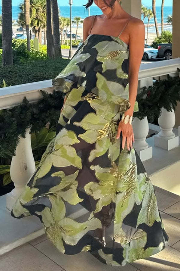 Effortlessly Romantic Floral Print Tiered Slip Square Neck A-line Maxi Dress