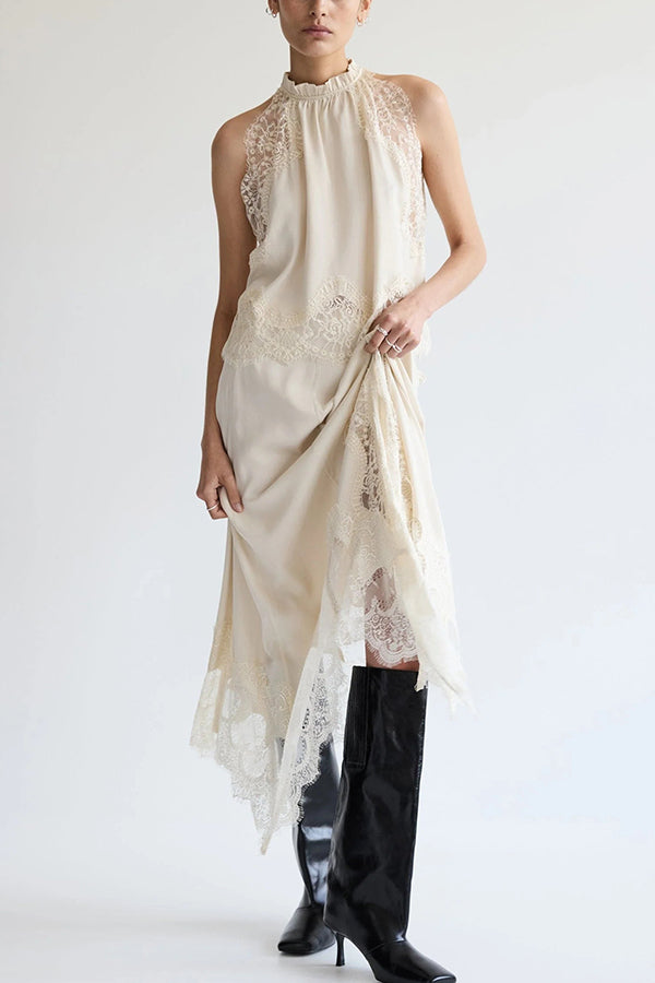 Modern Muse Satin Lace Trim Pleated Neck Top and A-line Irregular Slit Skirt Set | Consonak