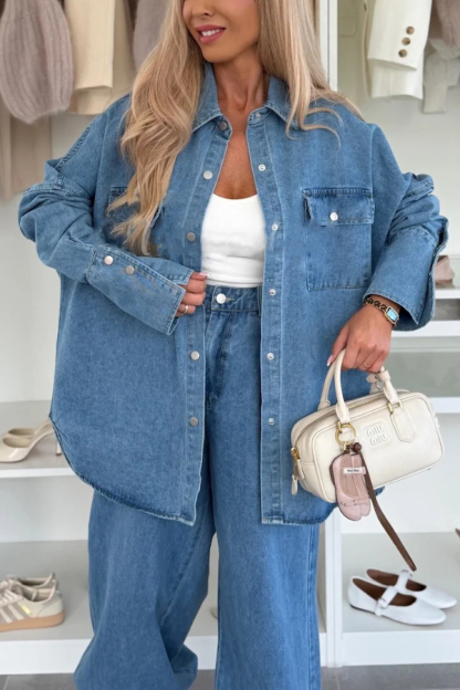Stylish Denim  Button Down Long Sleeve Pocket Oversized Blouse-consonak