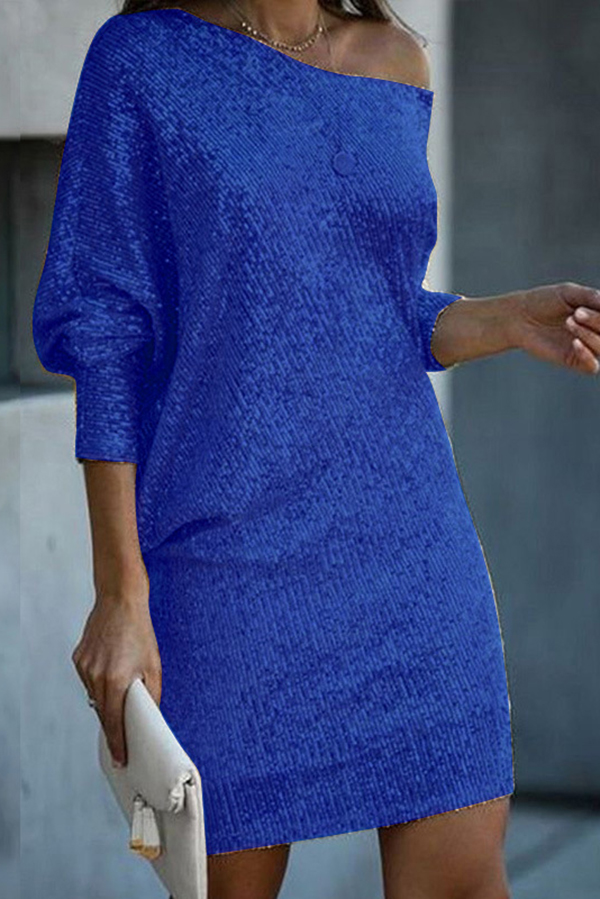 Solid Sequined Off-shoulder Loose Mini Dress | Consonak