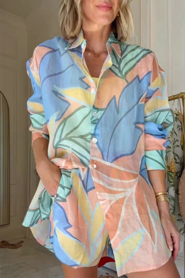 Bella Linen Blend Colorful Unique Print Long Sleeve Blouse and Elastic Waist Pocket Loose Shorts Set-consonak