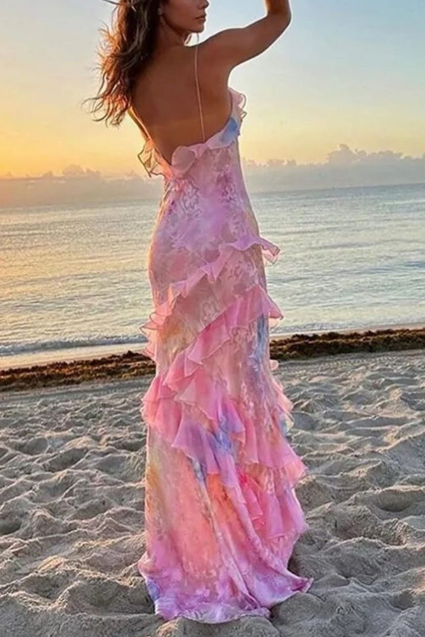 Multicolor Tie-dye Sexy Backless Wave-hem Strap Maxi Dress-consonak