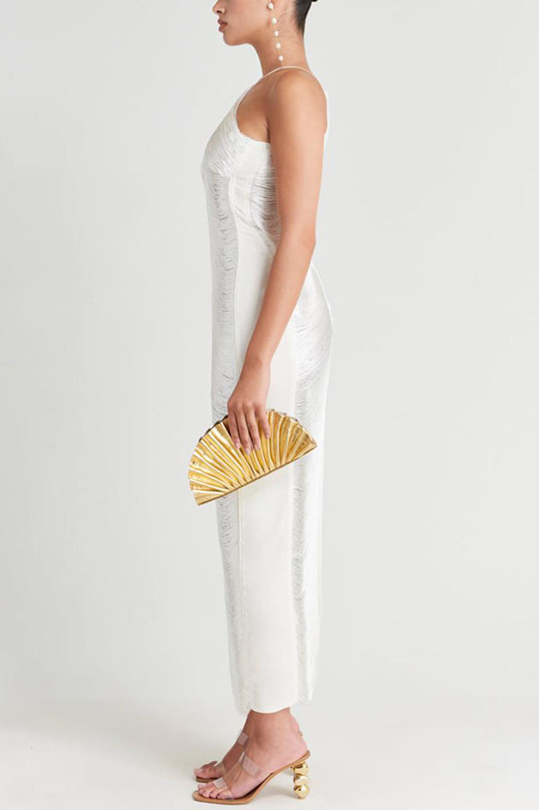 Sexy Allnight Metallic Halterneck Backless Fringed Slit Maxi Dress | Consonak