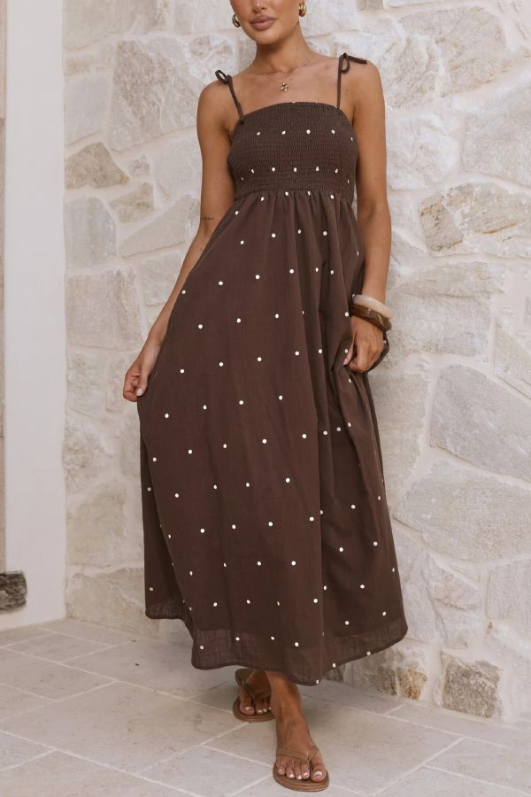 Fashionable Polka Dot Print Suspender High-waisted Pleated Casual Maxi Dress | Consonak