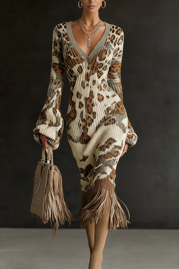 Unique Printed V-neck Long-sleeved Elegant Tassel Hem Midi Dress-consonak