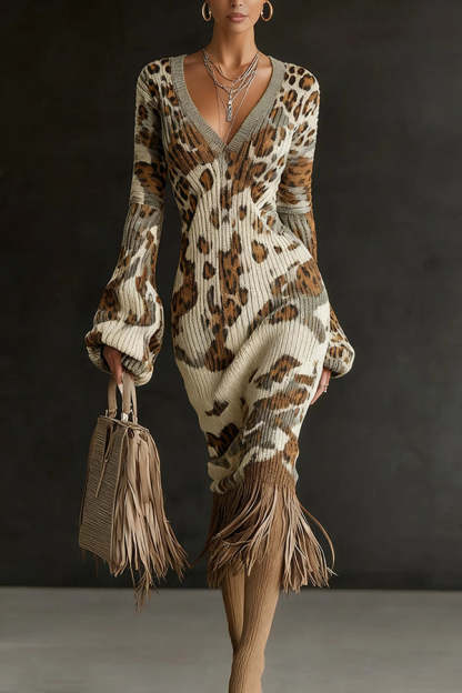 Unique Printed V-neck Long-sleeved Elegant Tassel Hem Midi Dress-consonak