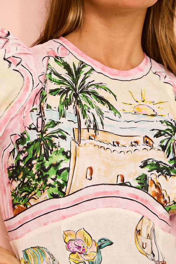 European Summer Sunset Linen Blend Unique Print Puff Sleeve Midi Dress-consonak