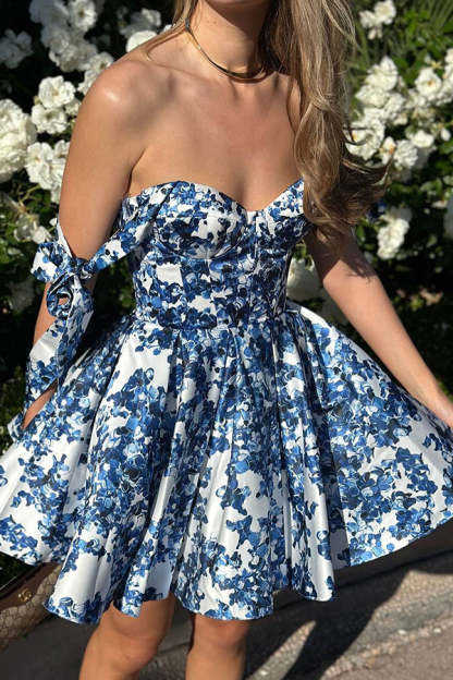 Garden of Eden Floral Print Bow Straps Princess Flared Mini Dress-consonak