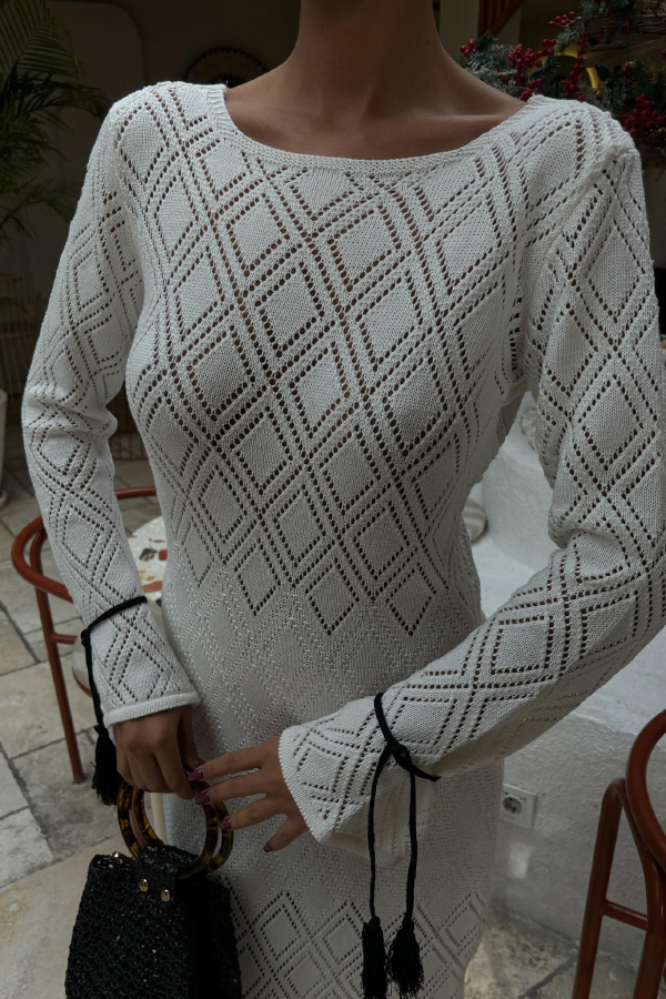 Solid Color Long-sleeved Tie Slim-fit Knit Openwork Cover-up Maxi Dress-consonak