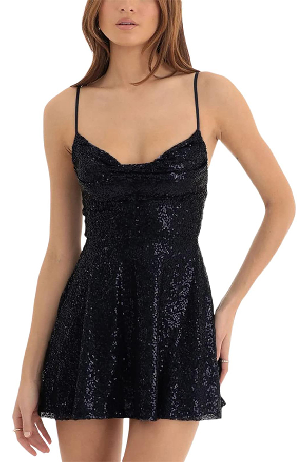 Stylish and Sexy Sequin Sling Backless Lace-up Mini Dress-consonak