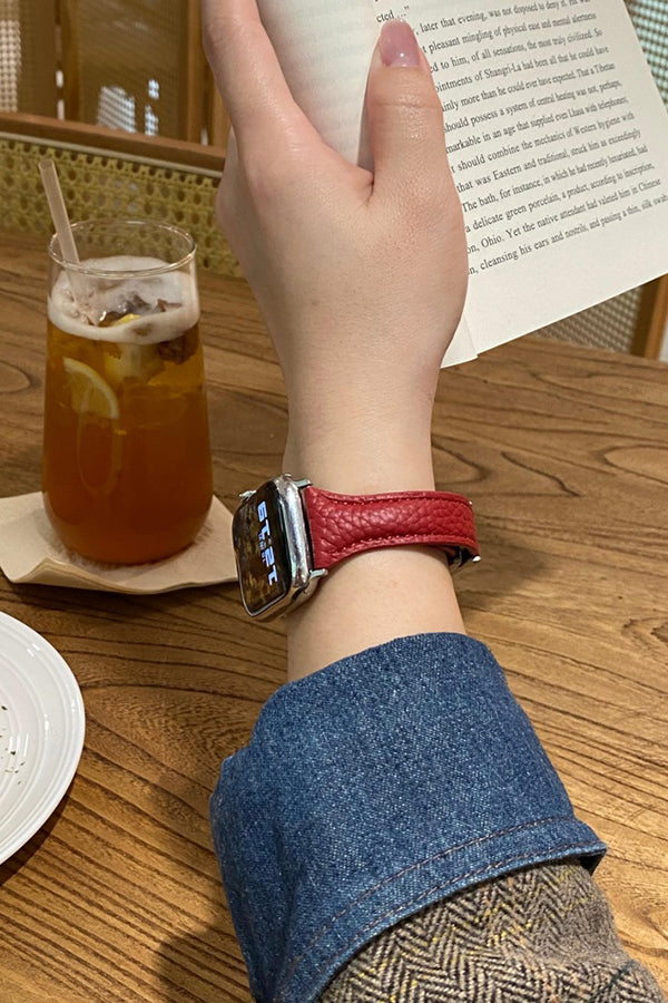 Fashionable Genuine Leather Lychee Pattern Double C Magnetic Buckle Watch Strap-consonak