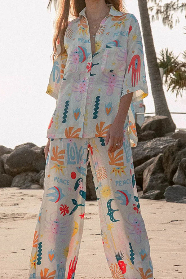 Abstract Sea Creature Print Button Pockets Elastic Waist Pant Suit-consonak