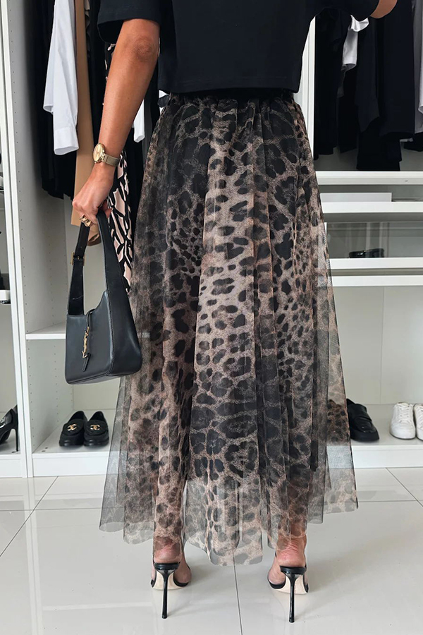 Autumn Jungle Tulle Leopard Print Elastic Waist A-line Maxi Skirt | Consonak
