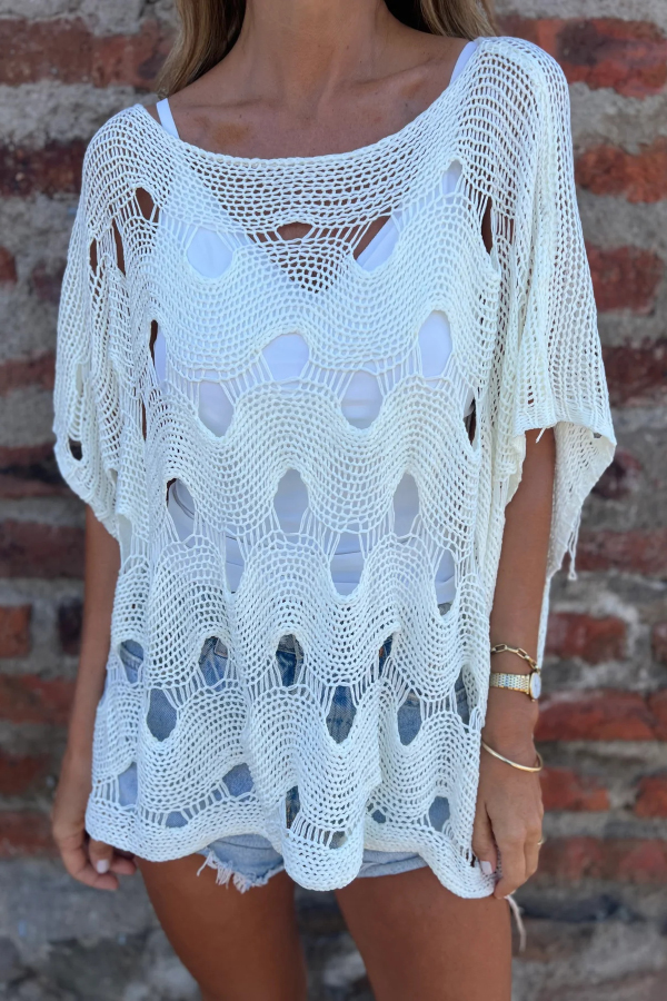 Solid Color Loose-fitting Openwork Casual Knit Top-consonak