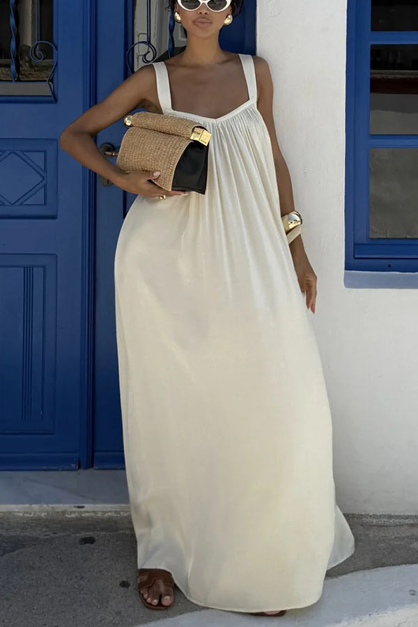 Pearlescent Luster Satin Wide Strap Open Back Loose Maxi Dress-consonak