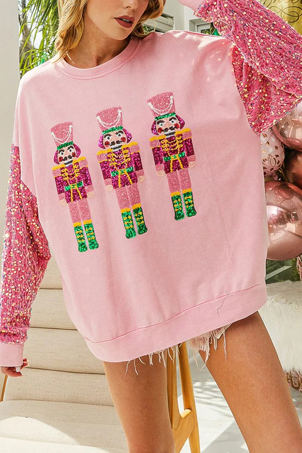 Christmas Casual Loose Round Neck Sequined Sleeve Sweatshirt | Consonak