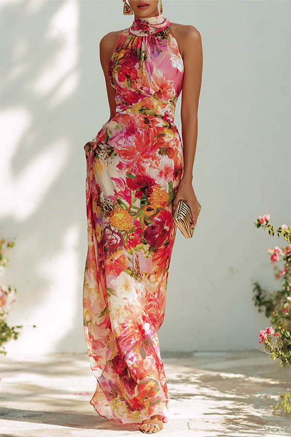 Garden Glamour Chiffon Floral Print High Neck Sleeveless Slit Maxi Dress-consonak
