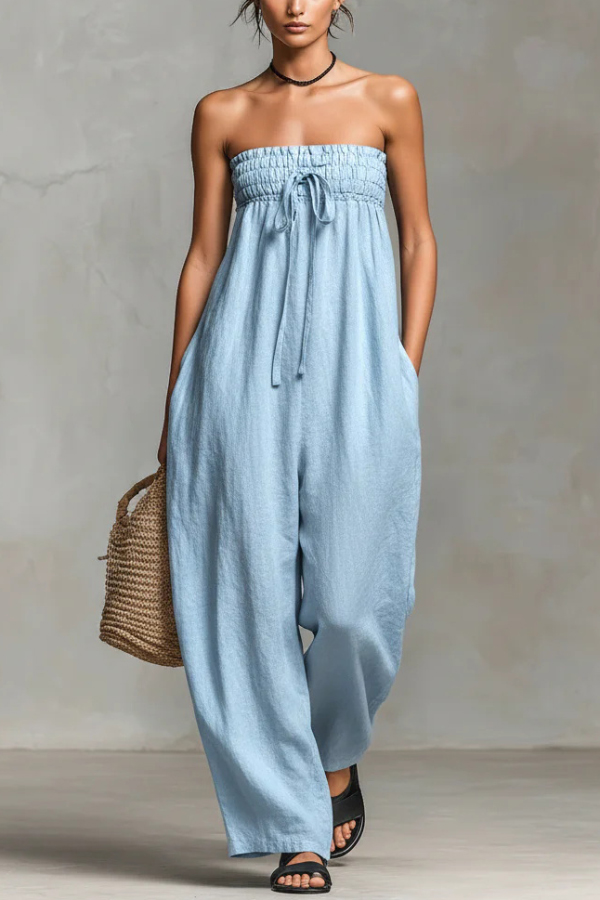 Linen Blend Sleeveless Off-shoulder Pleated Drawstring Loose Pocket Jumpsuit