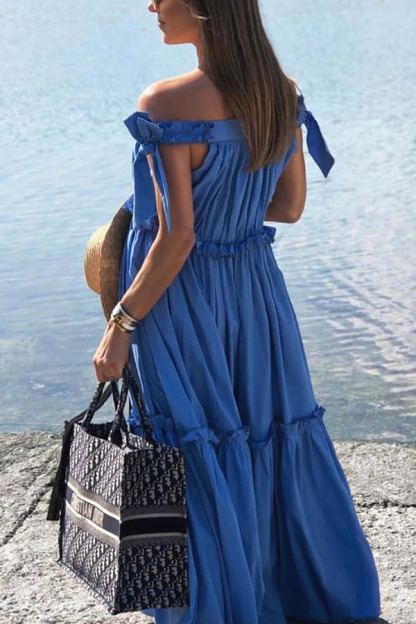 Ocean House Elastic Knotted Shoulder Straps Ruffles Pocket A-line Maxi Dress
