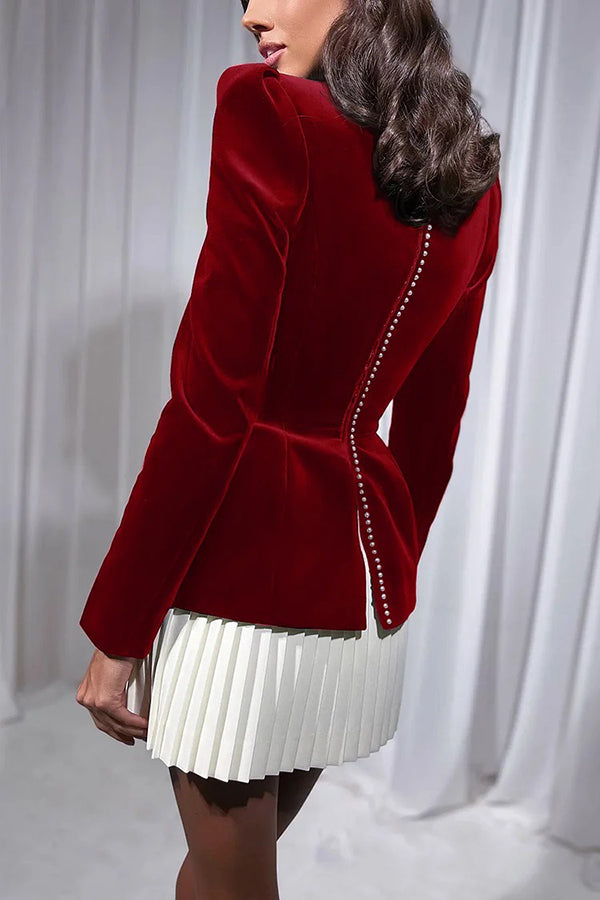 Netta Velvet Square Neck Long Sleeve Back Pearl Detail Pleated Mini Dress | Consonak