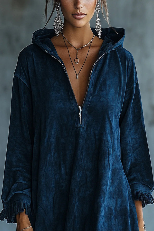 Solid Color Loose Hooded Zip-up Casual Long-sleeved Tassel Hem Mini Dress-consonak