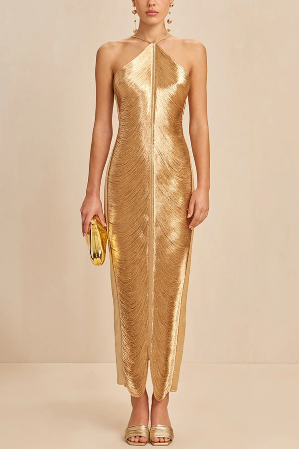 Sexy Allnight Metallic Halterneck Backless Fringed Slit Maxi Dress | Consonak