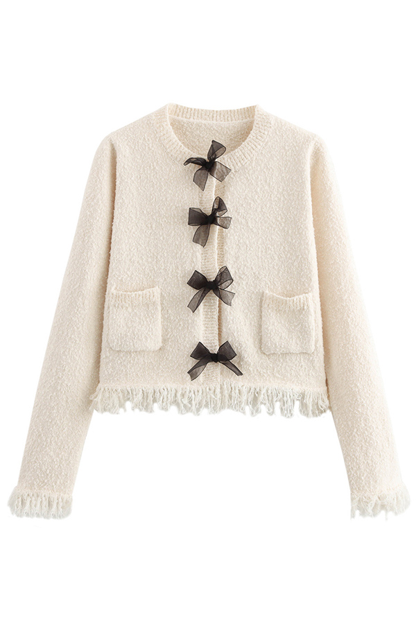 Fashion Round Neck Long Sleeve Bow-decorated Pocket Knitted Jacket-consonak