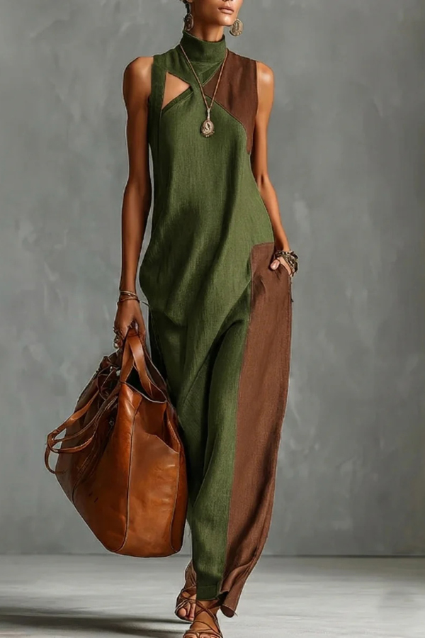 Stylish Color-blocked High-neck Sleeveless Casual Pocket Maxi Dress | Consonak