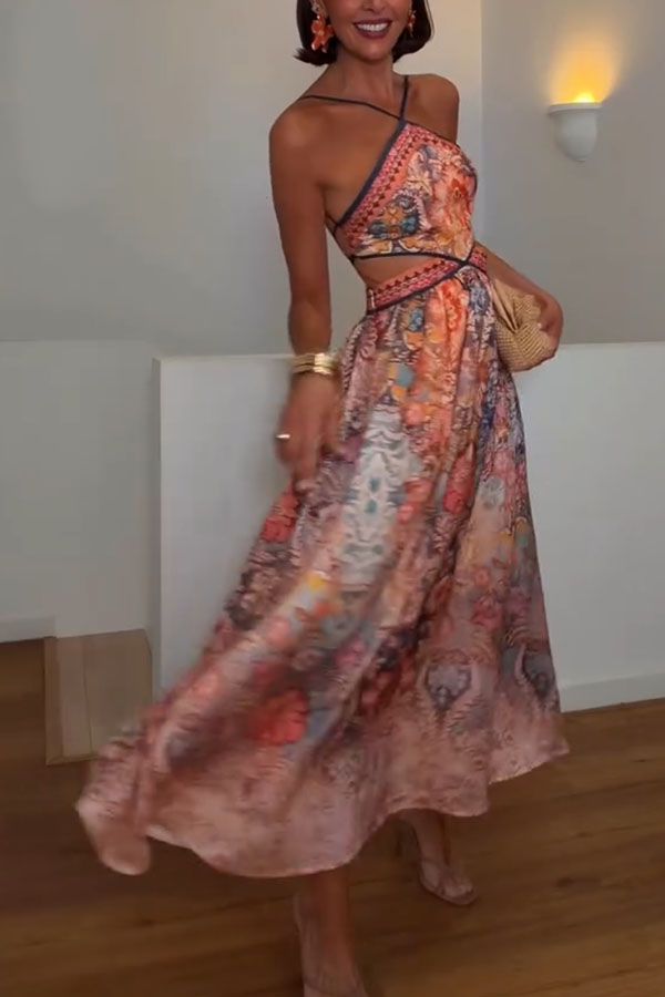 Casie Colorful Floral Print Dress Cutout Waist Back Lace-up Halter Maxi Dress-consonak