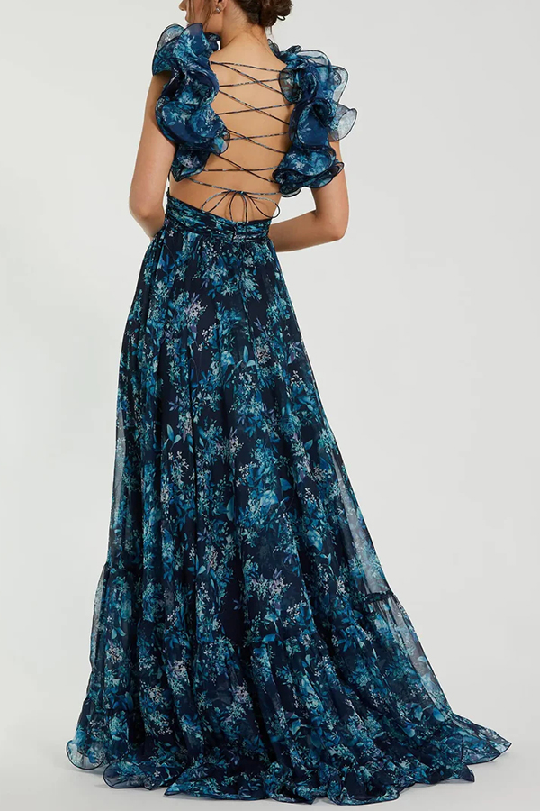 Delicate Garden Chiffon Floral Print Tiered Ruffle Cutout Back Lace-up Gown Maxi Dress